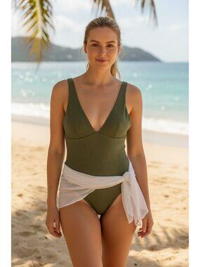 H&M Green Ribbed One-Piece Swimsuit With V-Neck Design, Full-Coverage Back, and